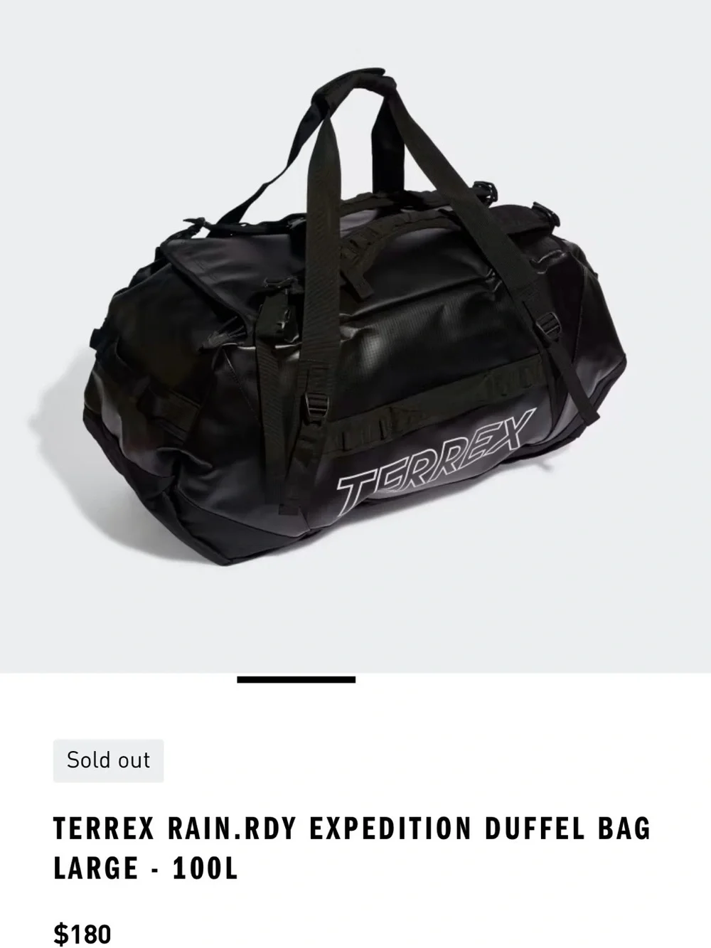 ADIDAS BLACK TERREX RAIN.RDY EXPEDITION 100L BACKPACK DUFFEL BAG